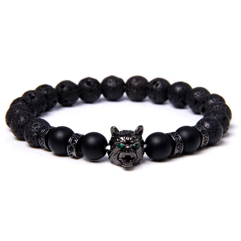 Wolf Charm  - Brave Tiger Eye & Black Lava Beads 