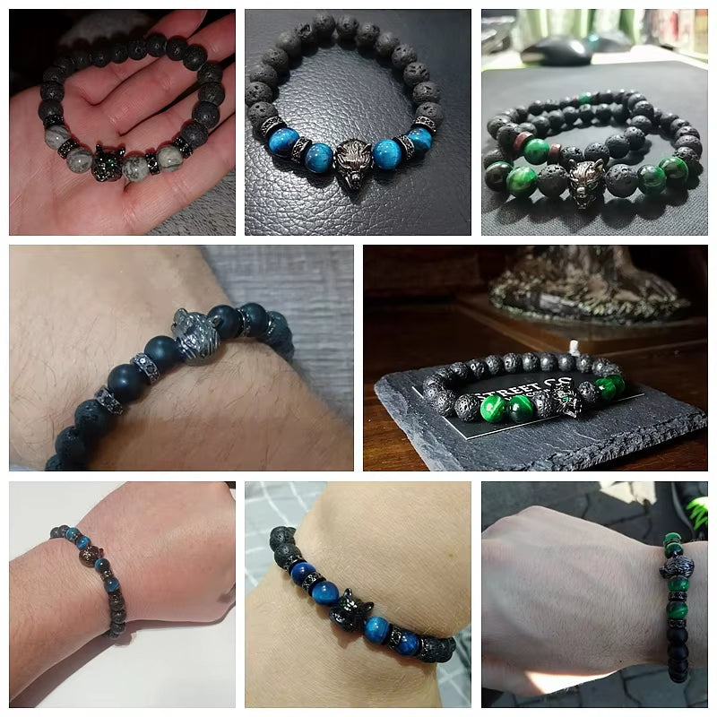 Wolf Charm  - Brave Tiger Eye & Black Lava Beads 
