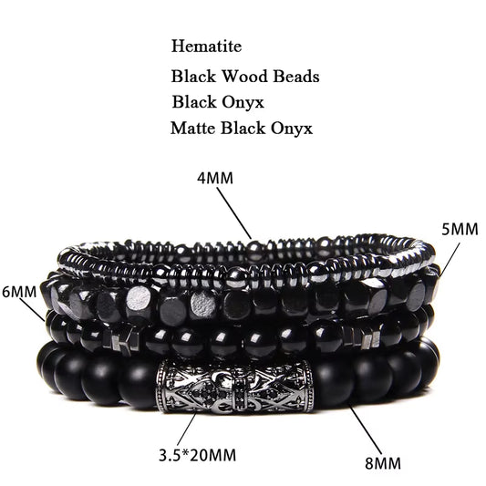 Stylish Men's Multi-Layer Natural Stone Bracelet Set - Black Lava Rock, Hematite, Onyx & Wood Beads for Fashion-Forward Accessories