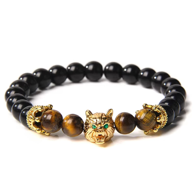 Wolf Charm  - Brave Tiger Eye & Black Lava Beads 