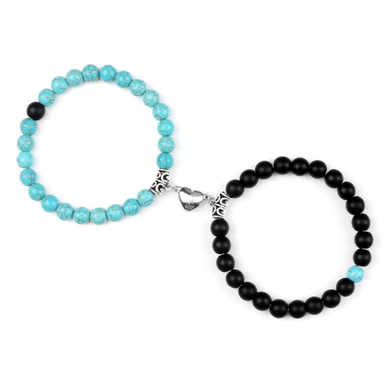 Charming 2Pcs Natural Stone Heart Bead Bracelets for Couples - Perfect Gift for Love and Friendship