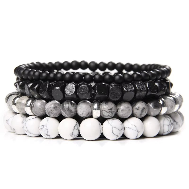 Elevate Your Style with Our Men's Multi-Layer Natural Stone Bracelet Set Featuring Black Lava Rock, Hematite, Onyx, and Wood Beads - Perfect Leather Wristbands for Any Occasion!