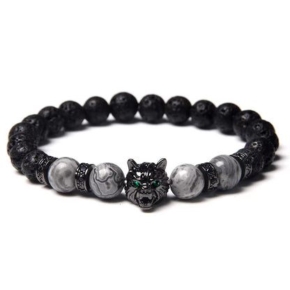Wolf Charm  - Brave Tiger Eye & Black Lava Beads 