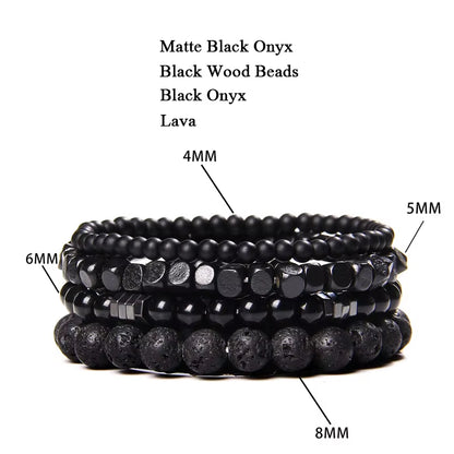 Stylish Multi-Layer Natural Stone Bracelet Set for Men - Black Lava Rock, Hematite, Onyx & Wood Beads - Perfect for Any Occasion!