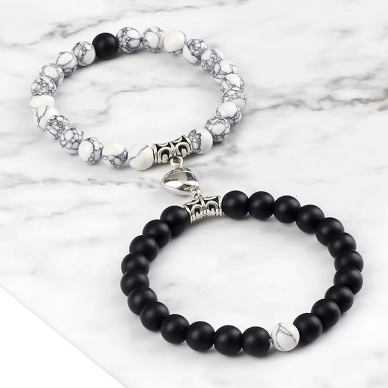 Unite Your Love with Our Hot Sale 2Pcs/Set Natural Stone Heart Magnet Couple Bracelets - Perfect Fashion Jewelry Gift for Lovers!
