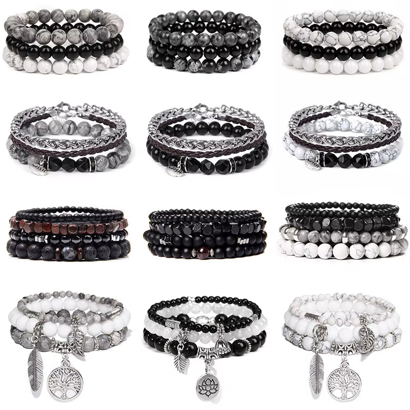 Stylish Multi-Layer Natural Stone Bracelet Set for Men - Black Lava Rock, Hematite, Onyx & Wood Beads - Perfect for Any Occasion!