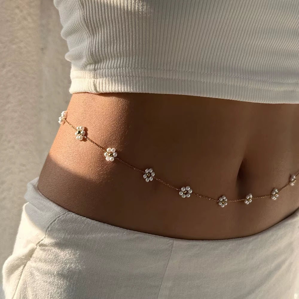 Waterproof Stainless Steel 18K Gold Plated Pearl Flower Belly Chain Bikini Jewelry Sexy Waist Beads Summer Accessories for Beach