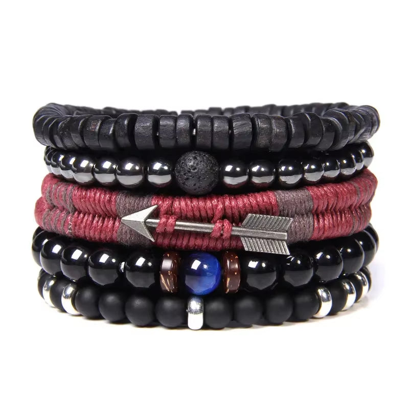 Elevate Your Style with Our Multi-Layer Natural Stone Bracelet Set - Featuring Black Lava Rock, Hematite, Onyx, and Wood Beads for Men and Women