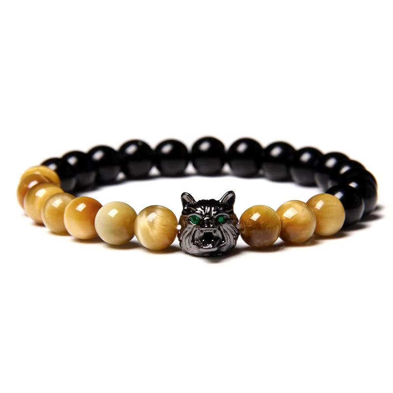 Wolf Charm  - Brave Tiger Eye & Black Lava Beads 
