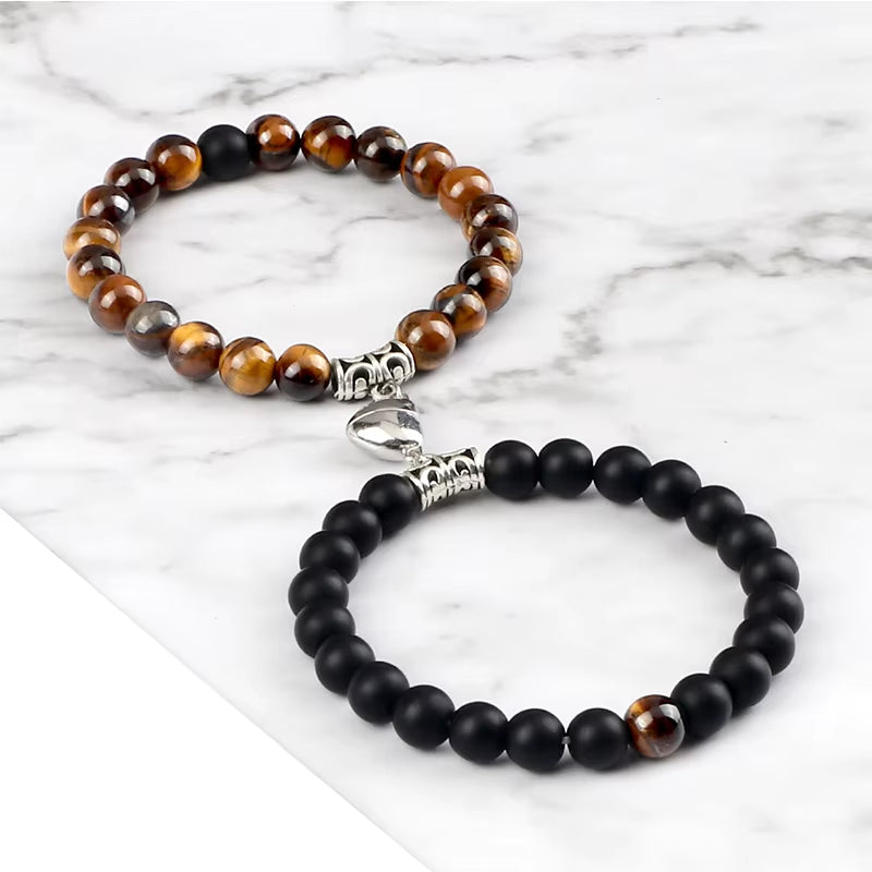 Unite Your Love with Our Hot Sale 2Pcs/Set Natural Stone Heart Magnet Couple Bracelets - Perfect Fashion Jewelry Gift for Lovers!