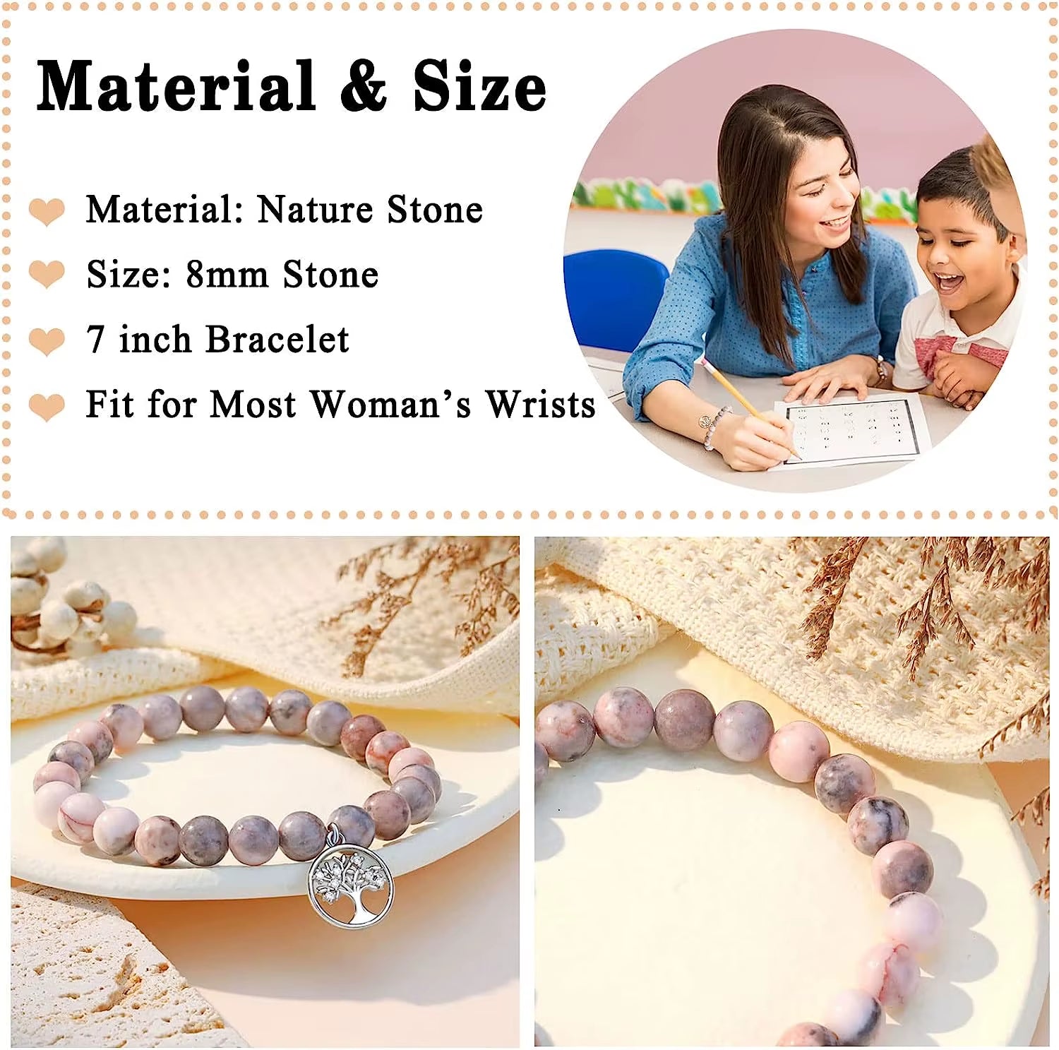 Natural Stone Teacher Bracelet Gifts for Women,Thank You Gifts for Teacher Meaningful Gifts for Women with Gift Message Card