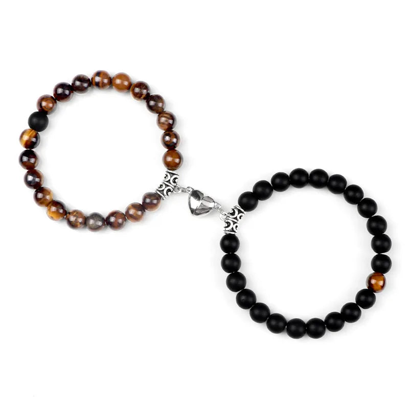 Charming 2Pcs Natural Stone Heart Bead Bracelets for Couples - Perfect Gift for Love and Friendship