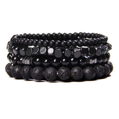 Stylish Multi-Layer Natural Stone Bracelet Set for Men and Women - Featuring Black Lava Rock, Hematite, Onyx, and Leather Accents