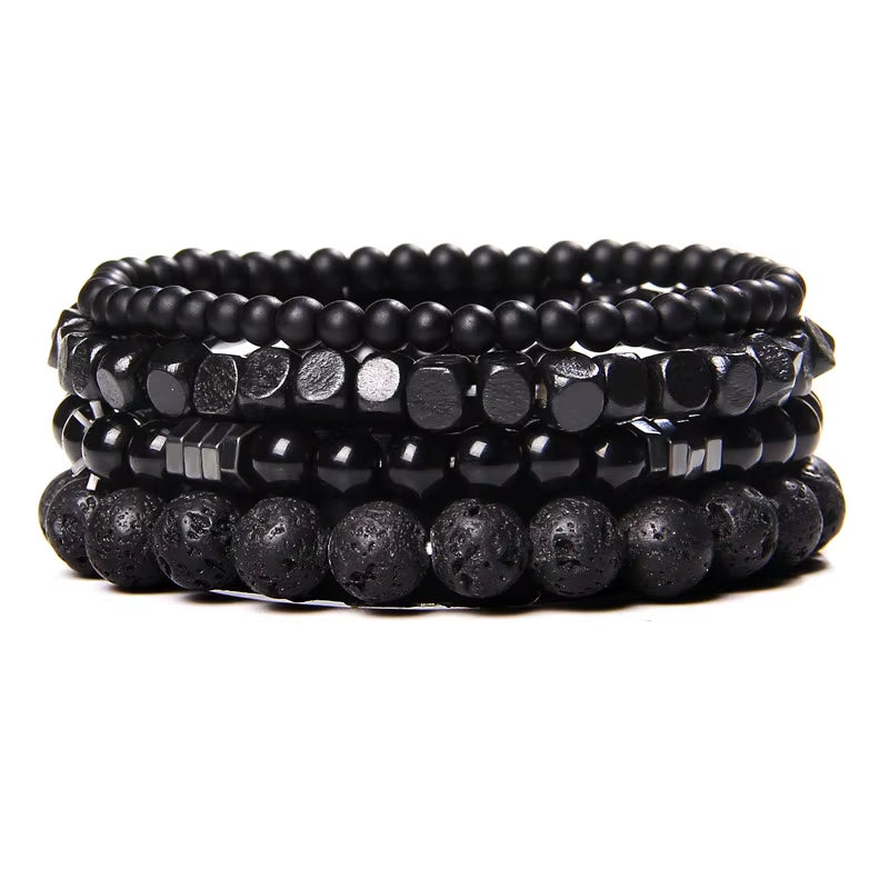 Elevate Your Style with Our Multi-Layer Natural Stone Bracelets – Black Lava Rock, Hematite, Onyx & Wood Beads Bracelet Set for Men