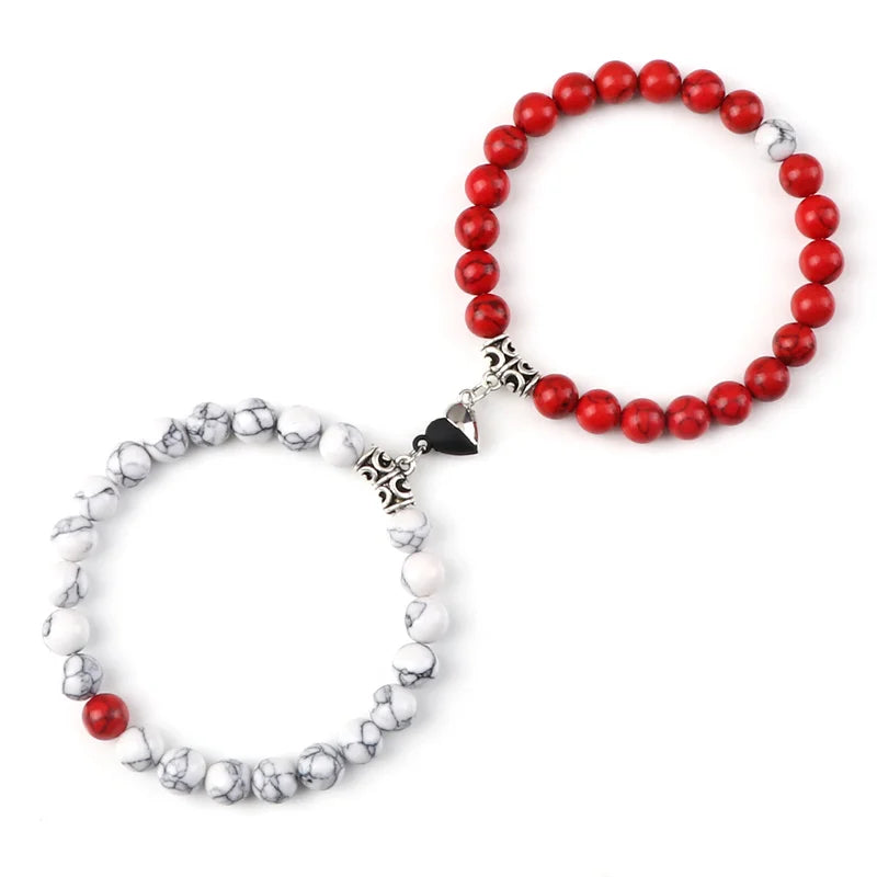 Unite Your Love with Our Hot Sale 2Pcs/Set Natural Stone Heart Magnet Couple Bracelets - Perfect Fashion Jewelry Gift for Lovers!