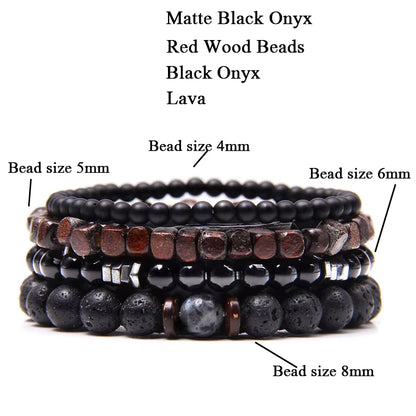 Elevate Your Style with Our Multi-Layer Natural Stone Bracelets – Black Lava Rock, Hematite, Onyx & Wood Beads Bracelet Set for Men