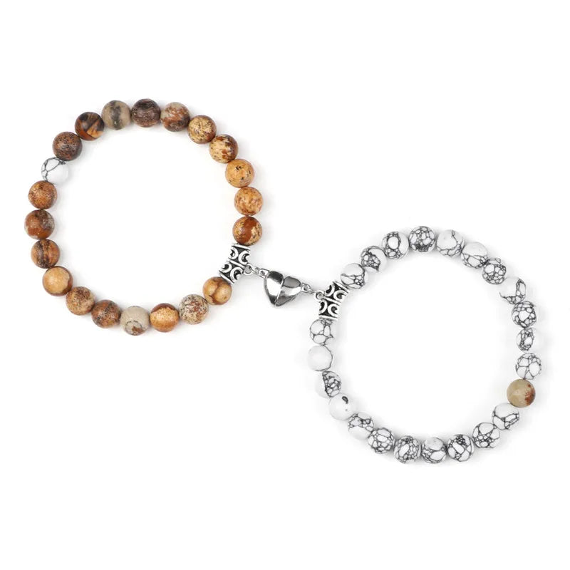 Charming 2Pcs Natural Stone Heart Bead Bracelets for Couples - Perfect Gift for Love and Friendship