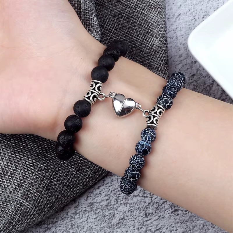 Unite Your Love with Our Hot Sale 2Pcs/Set Natural Stone Heart Magnet Couple Bracelets - Perfect Fashion Jewelry Gift for Lovers!