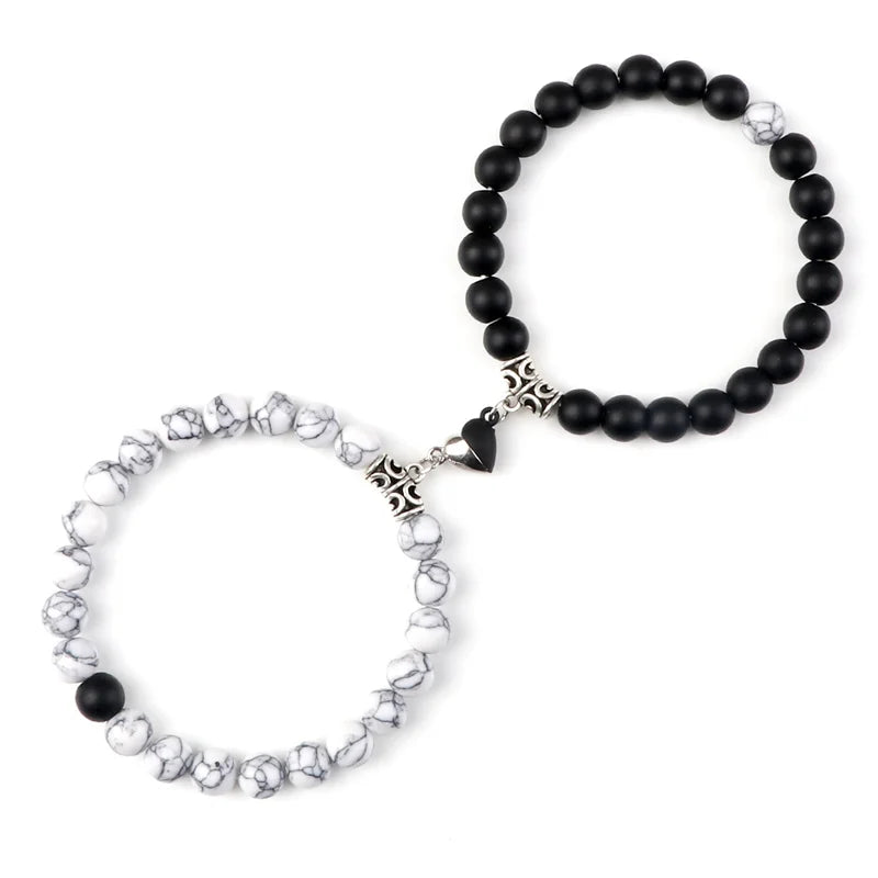 Unite Your Love with Our Hot Sale 2Pcs/Set Natural Stone Heart Magnet Couple Bracelets - Perfect Fashion Jewelry Gift for Lovers!