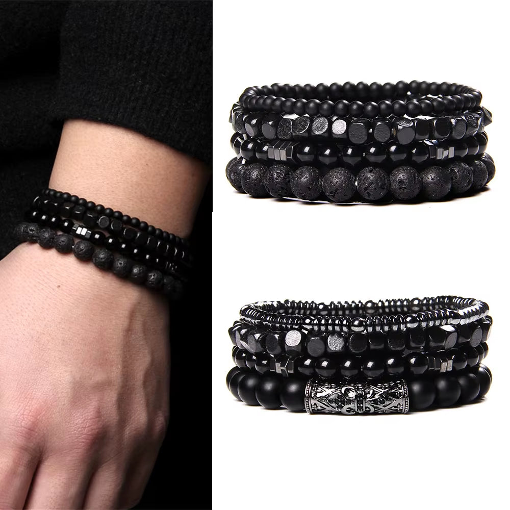 Elevate Your Style with Our Multi-Layer Natural Stone Bracelet Set - Featuring Black Lava Rock, Hematite, Onyx, and Wood Beads for Men and Women