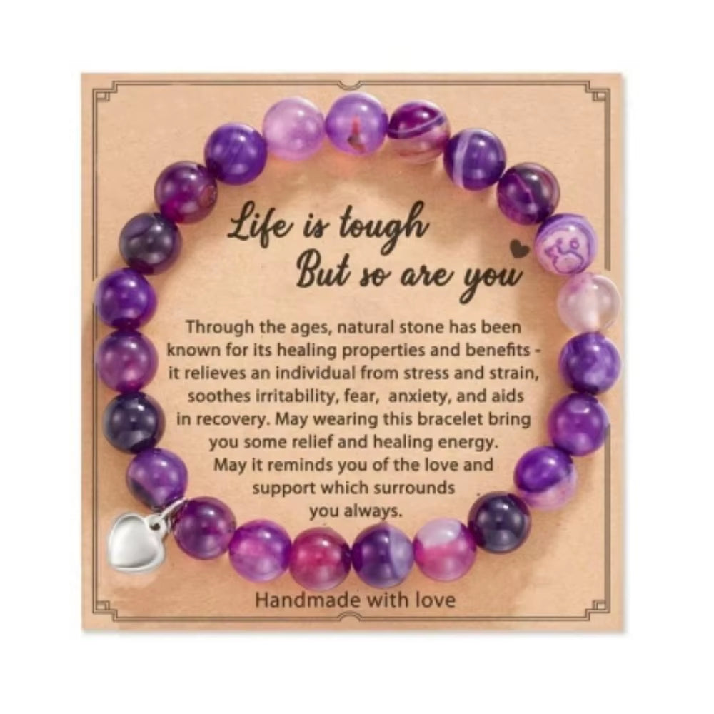 8Mm Pink Zebra Beads Bracelets with Card Matte Natural Stone Purple Agate Crystal for Women Men Yoga Meditation Jewelry Gift