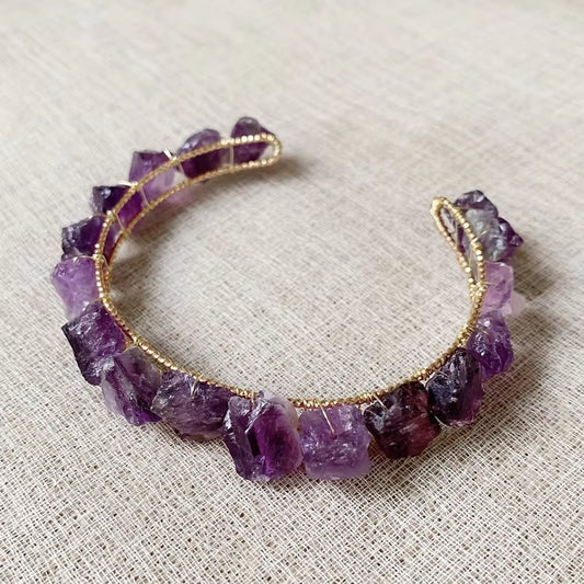 Amethyst, Citrine, and Quartz Crystals Healing Rock Cuff Bracelet - Amethyst