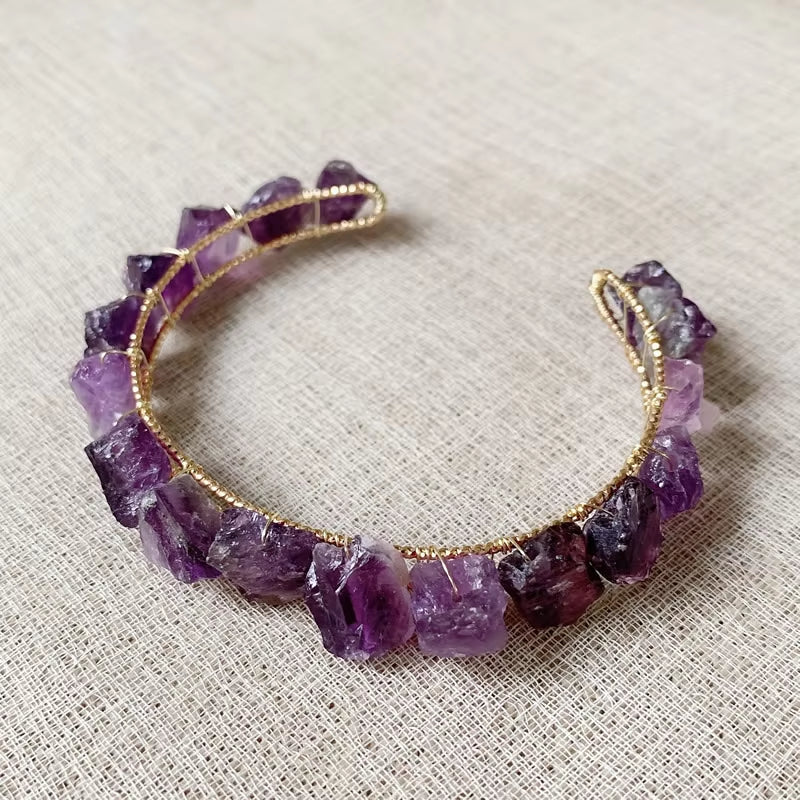 Amethyst, Citrine, and Quartz Crystals Healing Rock Cuff Bracelet - Red Agate
