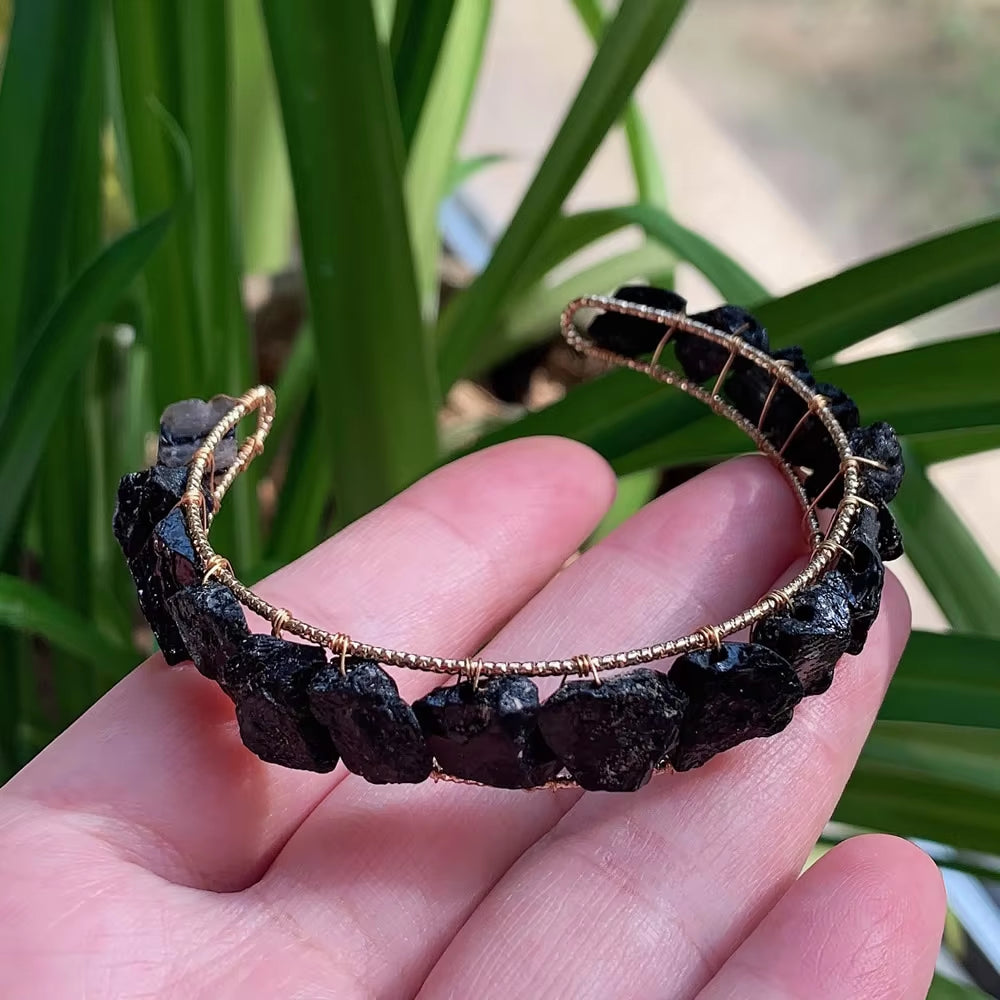 Amethyst, Citrine, and Quartz Crystals Healing Rock Cuff Bracelet -  Black Tourmaline