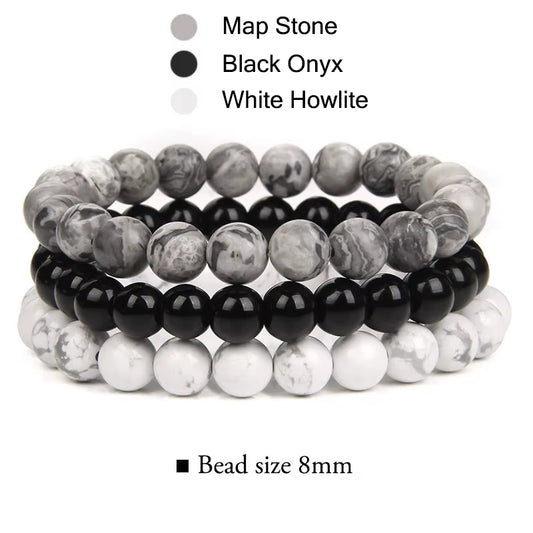 Stylish Multi-Layer Natural Stone Bracelet Set for Men and Women - Featuring Black Lava Rock, Hematite, Onyx, and Leather Accents