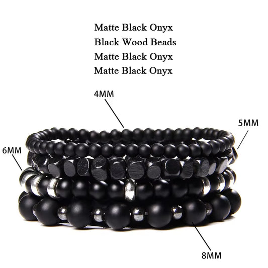 Stylish Men's Multi-Layer Natural Stone Bracelet Set with Black Lava Rock, Hematite, Onyx, and Leather Accents