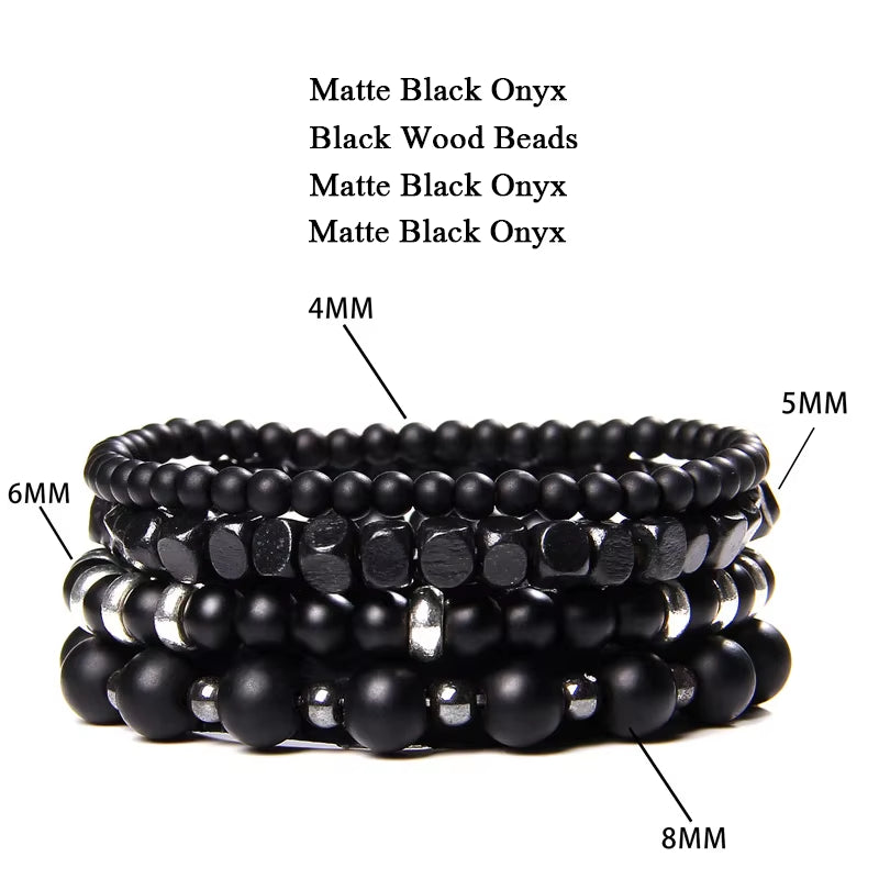 Stylish Men's Multi-Layer Natural Stone Bracelet Set - Black Lava Rock, Hematite, Onyx & Wood Beads for Fashion-Forward Accessories