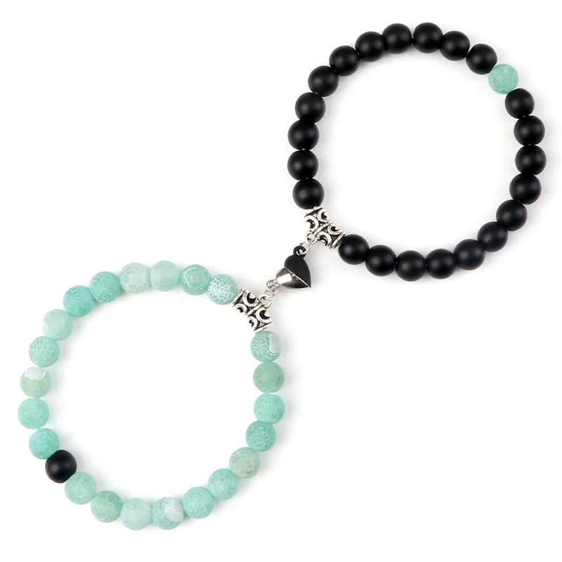 Unite Your Love with Our Hot Sale 2Pcs/Set Natural Stone Heart Magnet Couple Bracelets - Perfect Fashion Jewelry Gift for Lovers!