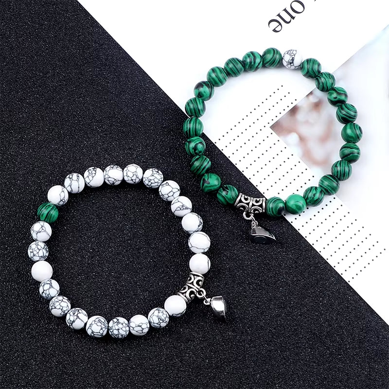 Charming 2Pcs Natural Stone Heart Bead Bracelets for Couples - Perfect Gift for Love and Friendship