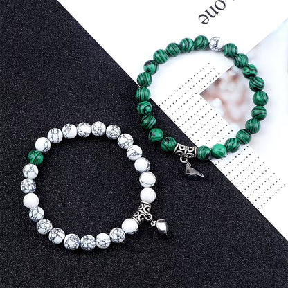 Unite Your Love with Our Hot Sale 2Pcs/Set Natural Stone Heart Magnet Couple Bracelets - Perfect Fashion Jewelry Gift for Lovers!