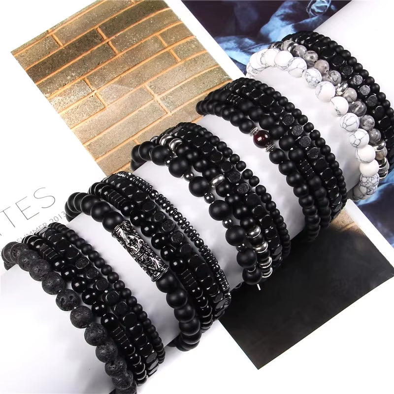 Elevate Your Style with Our Men's Multi-Layer Natural Stone Bracelet Set Featuring Black Lava Rock, Hematite, Onyx, and Wood Beads - Perfect Leather Wristbands for Any Occasion!