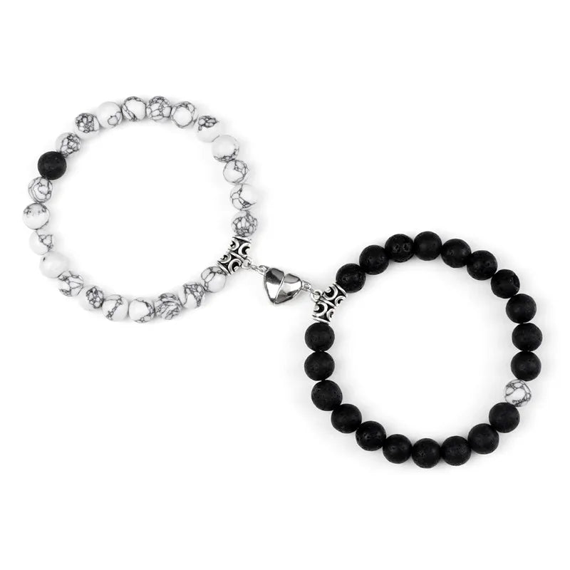 Charming 2Pcs Natural Stone Heart Bead Bracelets for Couples - Perfect Gift for Love and Friendship