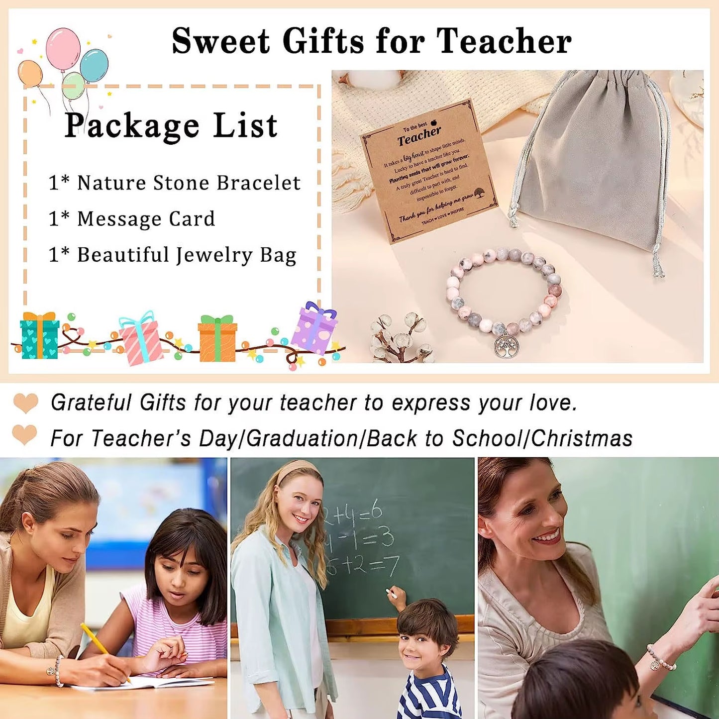 Natural Stone Teacher Bracelet Gifts for Women,Thank You Gifts for Teacher Meaningful Gifts for Women with Gift Message Card