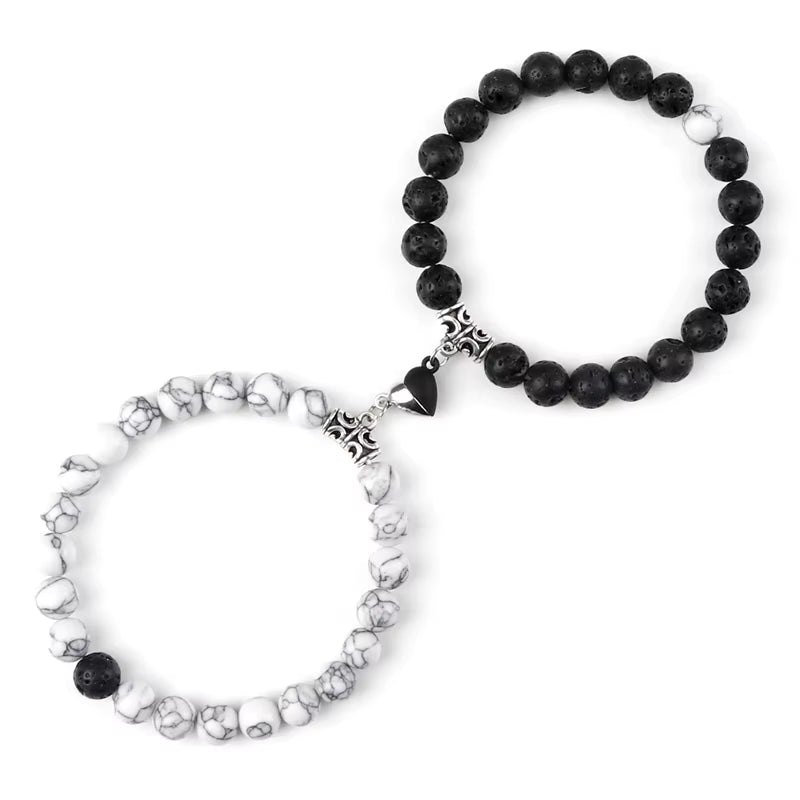 Charming 2Pcs Natural Stone Heart Bead Bracelets for Couples - Perfect Gift for Love and Friendship