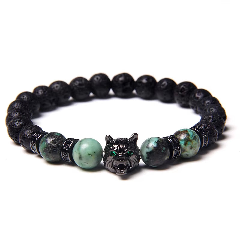 Wolf Charm  - Brave Tiger Eye & Black Lava Beads 