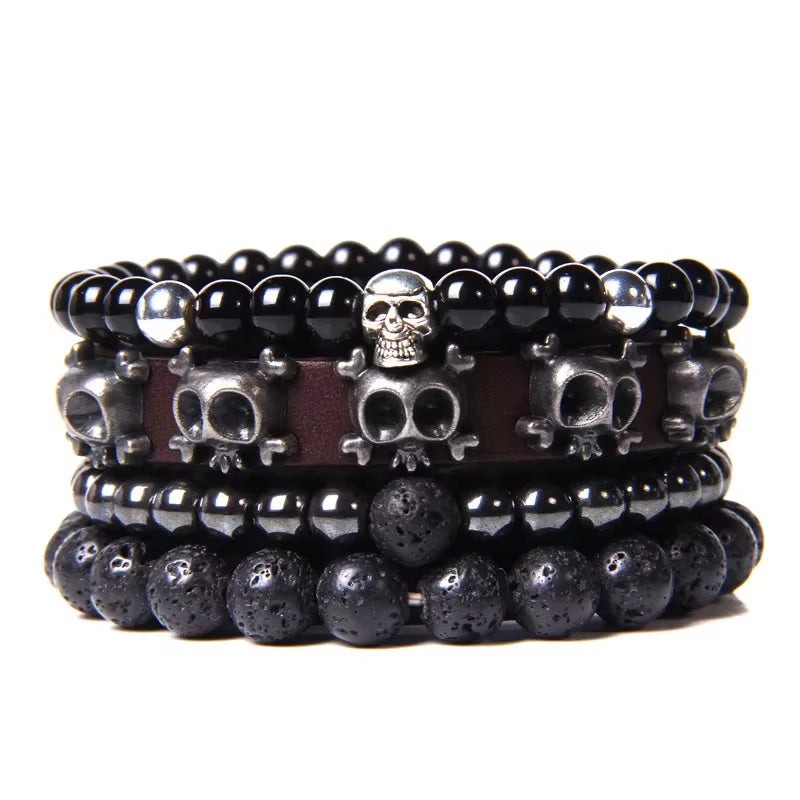 Elevate Your Style with Our Men's Multi-Layer Natural Stone Bracelet Set - Featuring Black Lava Rock, Hematite, Onyx, and Stylish Leather Wristbands