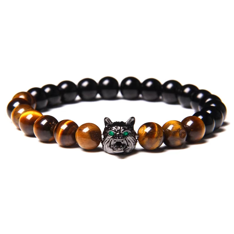 Wolf Charm  - Brave Tiger Eye & Black Lava Beads 